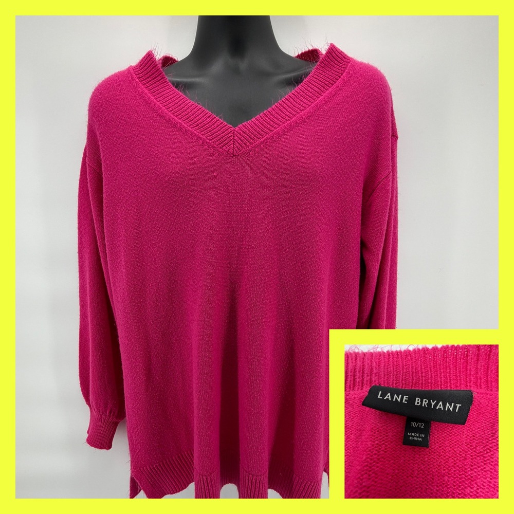 Lane Bryant Pink Sweater Womens 10/12 V-Neck Pullover‎ Long Sleeve Acrylic Knit